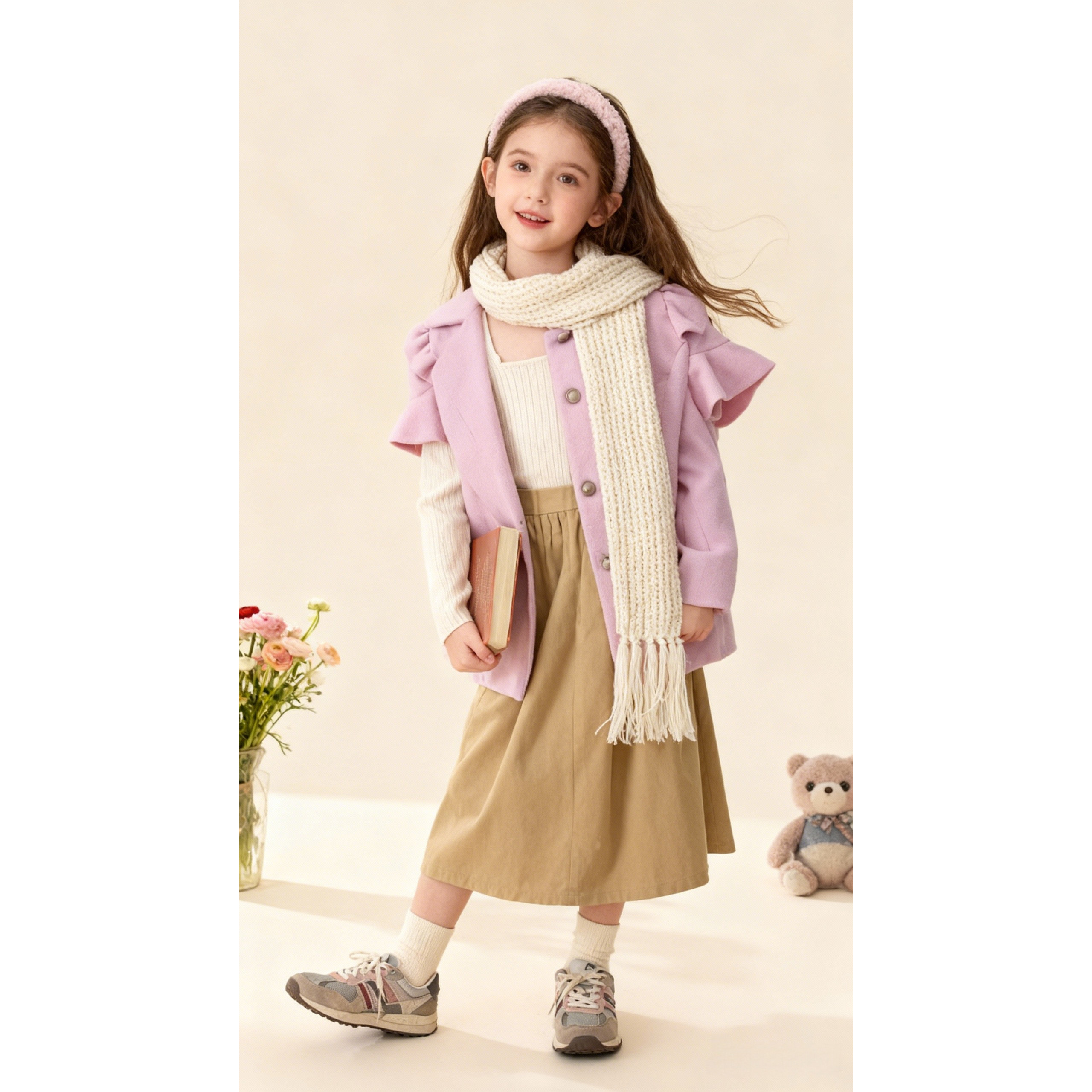 毛呢外套甜美学院风粉色大衣【含羊毛】女童中长款小女孩秋冬外套