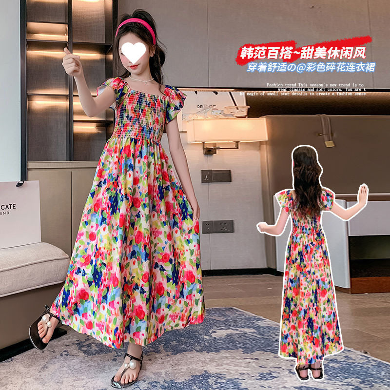 女童夏装复古风油画连衣裙2025新款中大童淑女长裙沙滩裙仙女裙潮图片
