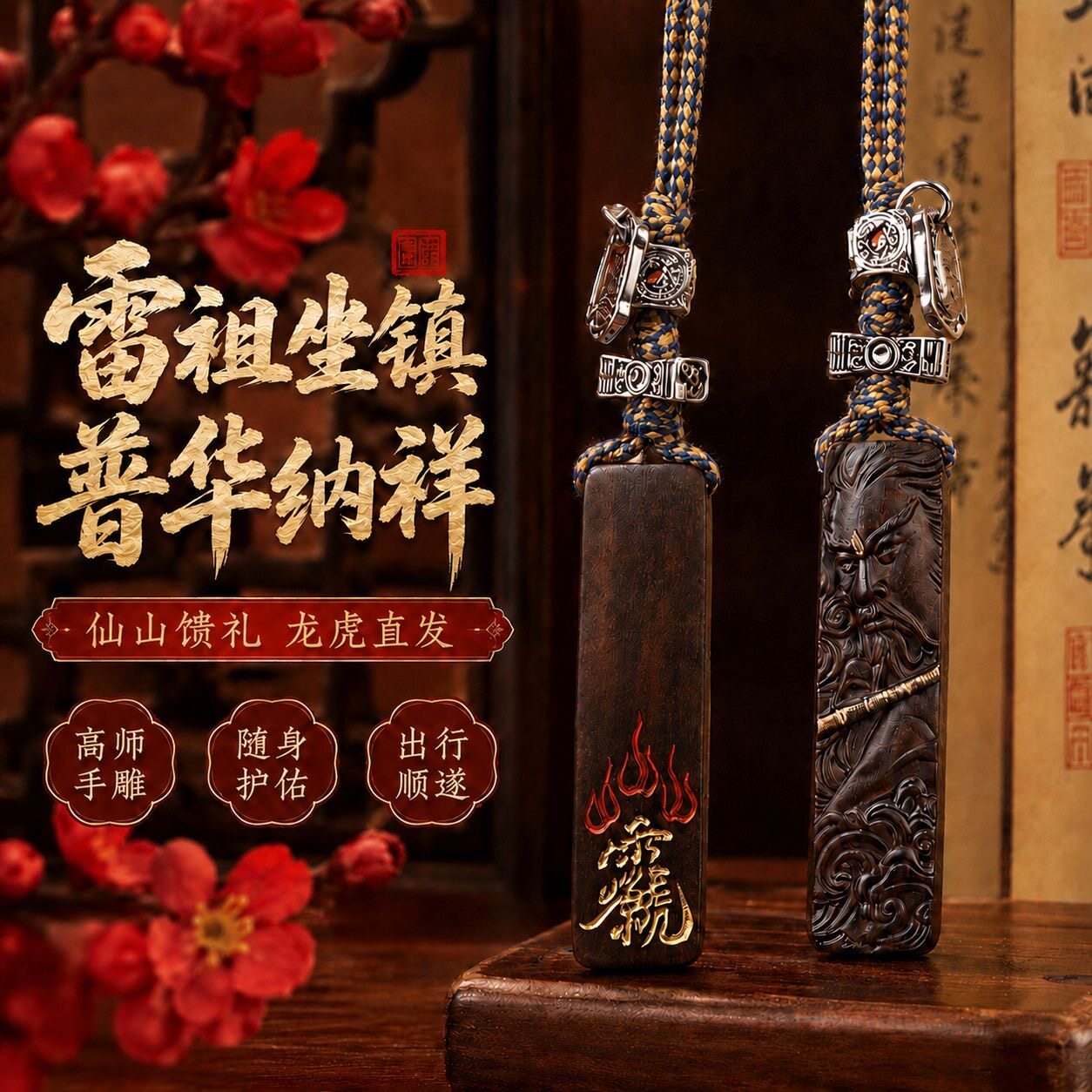 龙虎山直发天然雷枣木高师双面雕刻雷祖烫金朱砂描绘吊坠国风挂饰
