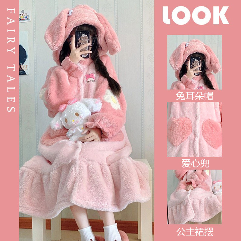 秋冬季珊瑚绒家居服加厚法兰绒睡衣可外穿睡裙网红女长袖两件套装