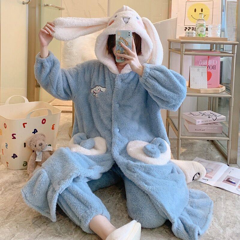 保暖珊瑚绒家居服可外穿女睡裙秋冬季法兰绒睡衣加厚长袖两件套装