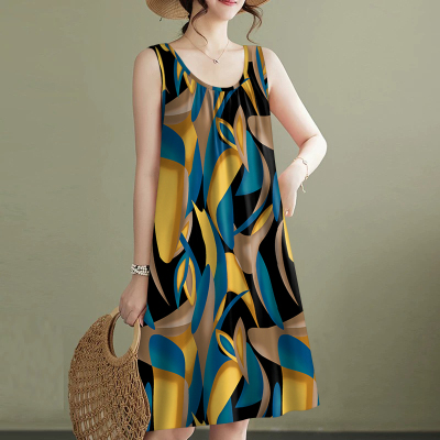 夏季新款宽松吊带a字裙遮肚显瘦无袖褶皱背心裙圆领碎花连衣裙女