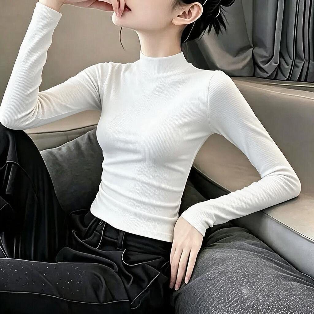 纯色冰丝长袖t恤女2026秋季冬新款薄款修身显瘦半高领打底上衣ins