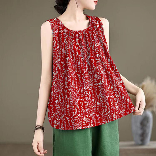 夏季时尚圆领A版百褶印花无袖背心女宽松百搭显瘦t恤吊带休闲上衣