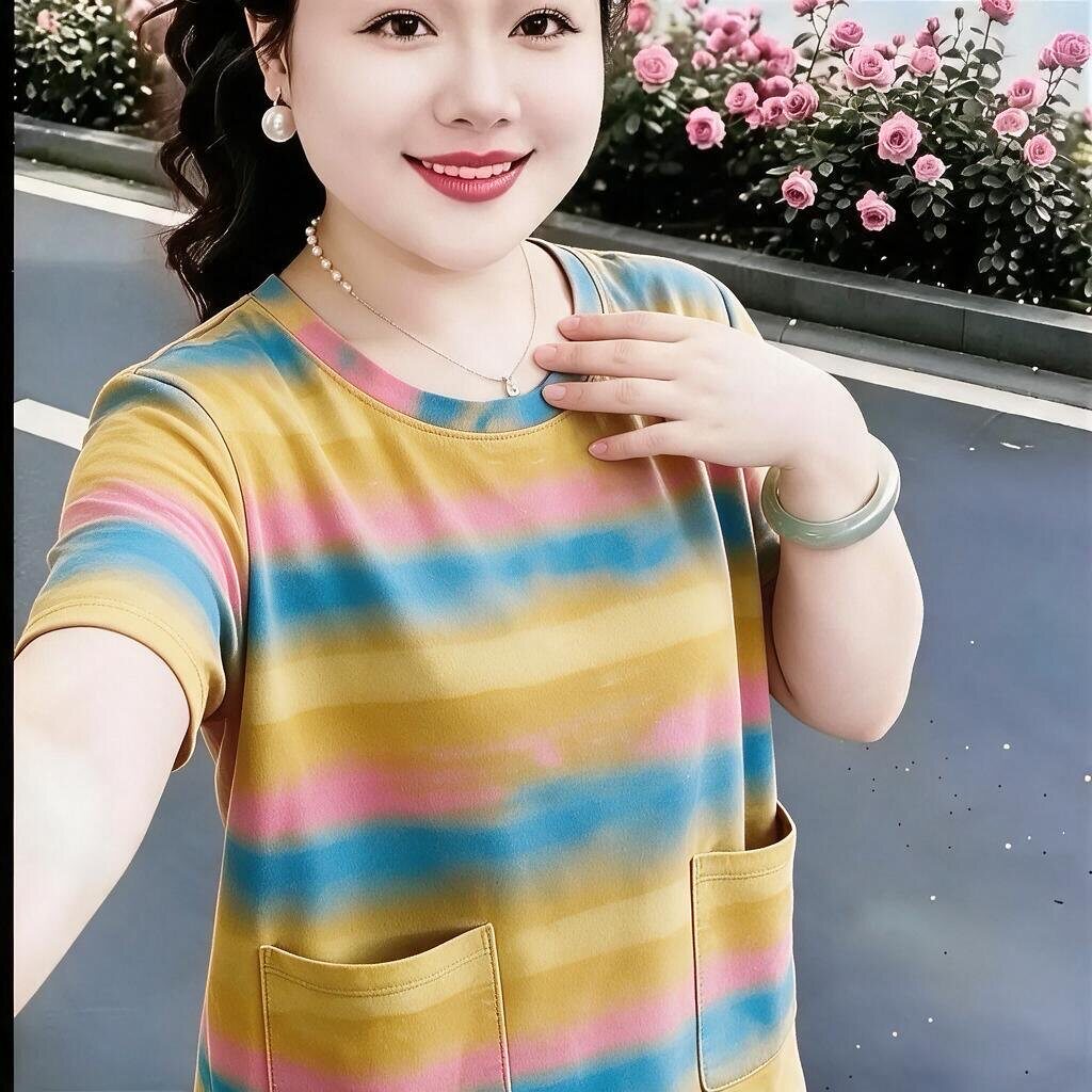 夏季新品短袖双口袋气质百搭休闲宽松高级感条纹棉T恤妈妈上衣女
