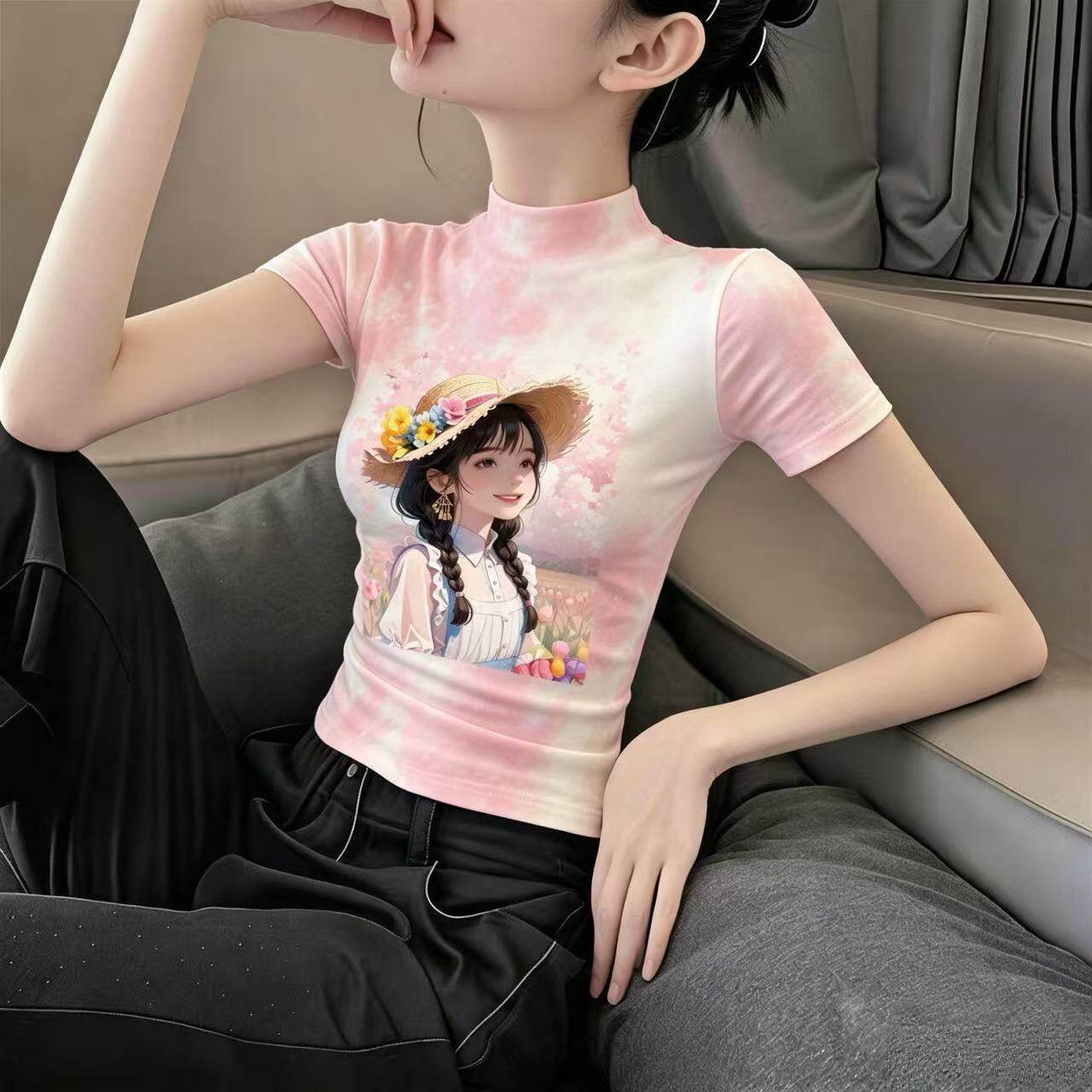 冰丝晕染印花半高领显瘦T恤女