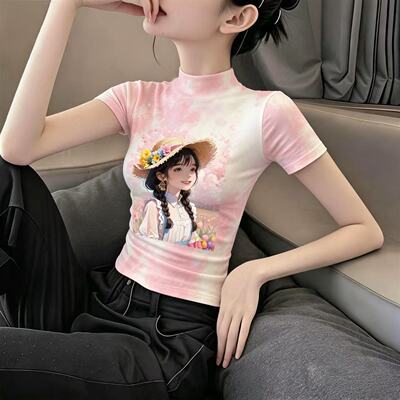 冰丝晕染印花半高领显瘦T恤女
