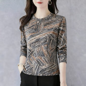 t恤女2025秋季 新款 印花圆领大码 长袖 遮肚打底衫 妈妈宽松显瘦上衣