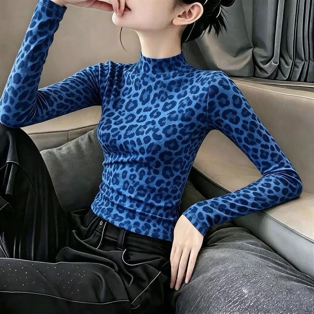 豹纹印花长袖t恤女秋冬季新款印花修身显瘦打底衫半高领上衣ins