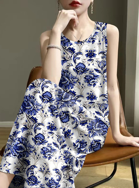 断码时尚-2025夏新款印花减龄遮肚妈妈装背心吊带中长款连衣裙女