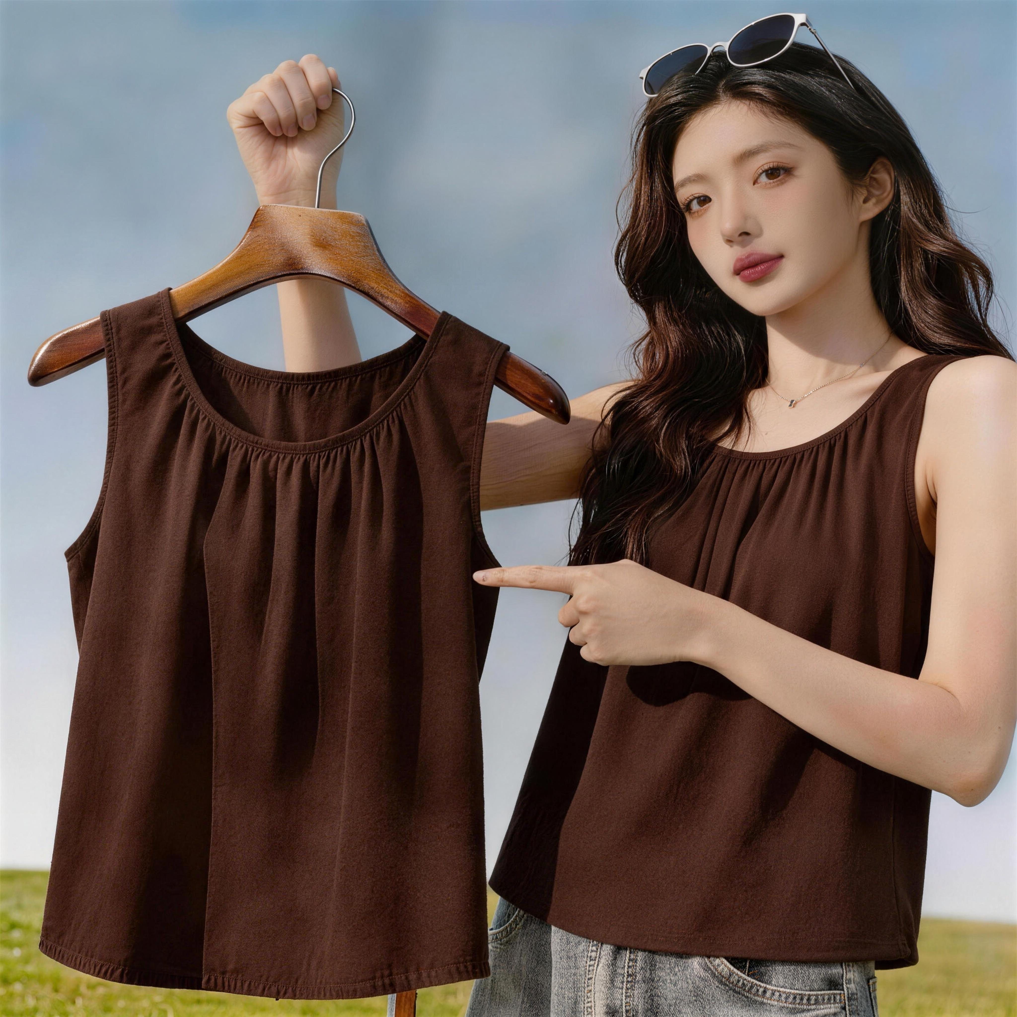 夏季时尚圆领A版百褶云朵棉无袖背心女宽松百搭显瘦纯色休闲上衣