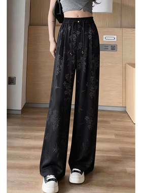 胖mm大码显瘦新中式国风阔腿裤女夏季薄款高腰宽松垂感提花长裤