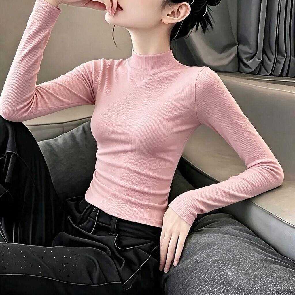 纯色冰丝长袖t恤女2026秋季冬新款薄款修身显瘦半高领打底上衣ins