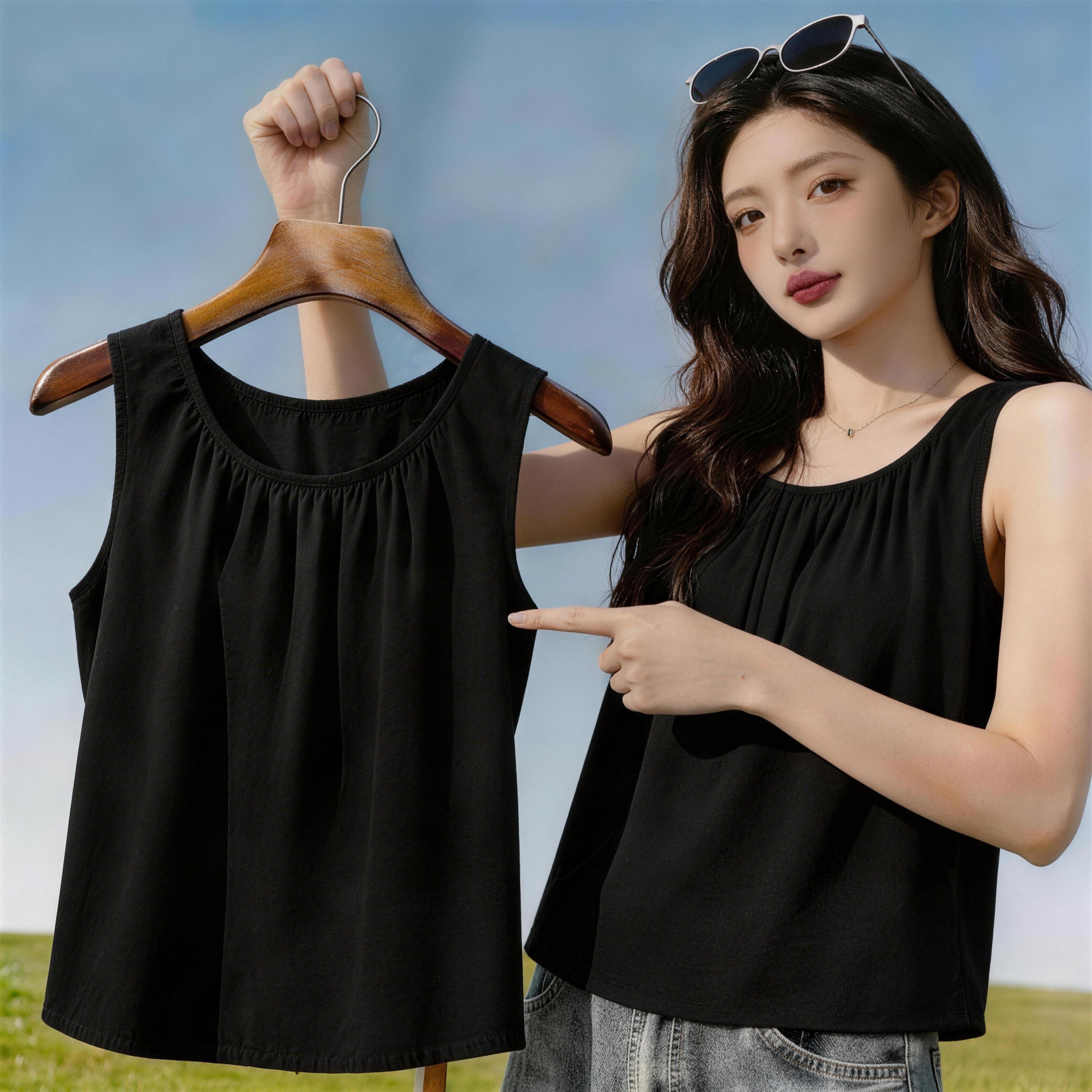夏季时尚圆领A版百褶云朵棉无袖背心女宽松百搭显瘦纯色休闲上衣