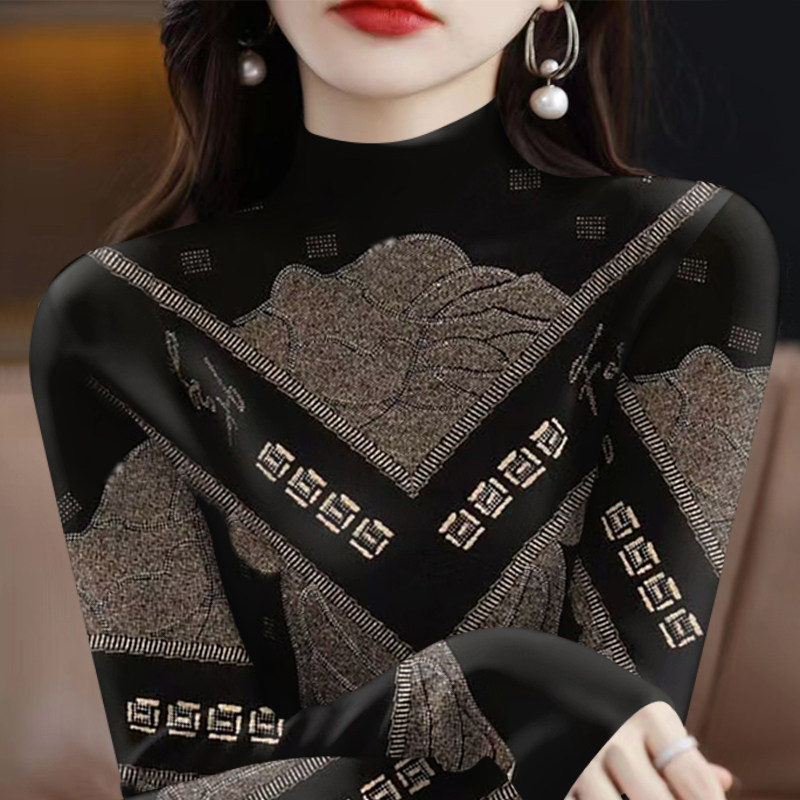 清仓捡漏~高档剪标女装2024新款秋季减龄长袖高领印花T恤女上衣潮