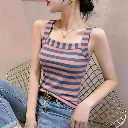 断码捡漏~夏季条纹女装专柜高档吊带上衣背心修身遮肉百搭上衣潮