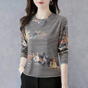 遮肚打底衫 长袖 印花圆领大码 新款 妈妈宽松显瘦上衣 t恤女2025秋季