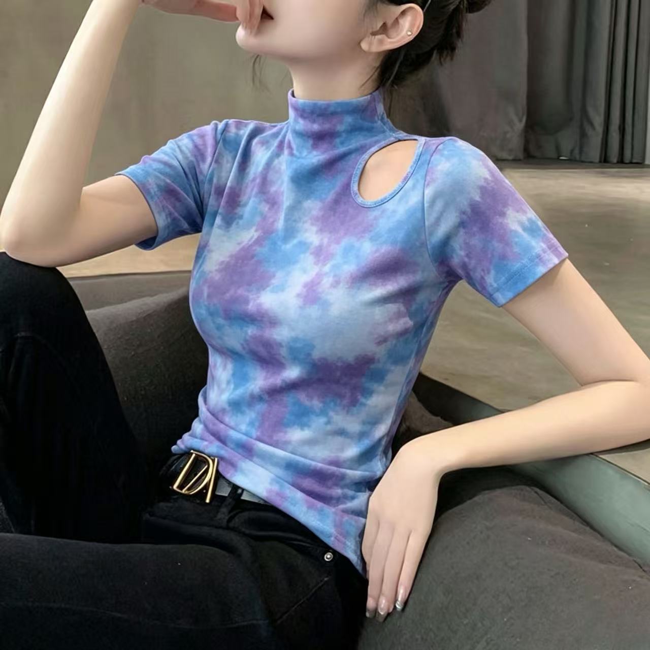晕染半高领短袖t恤女2026新款夏季镂空冰丝正肩设计感小众上衣装