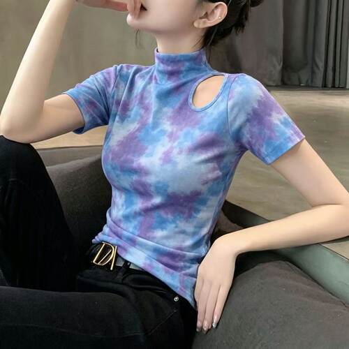 晕染半高领短袖t恤女2026新款夏季镂空冰丝正肩设计感小众上衣装