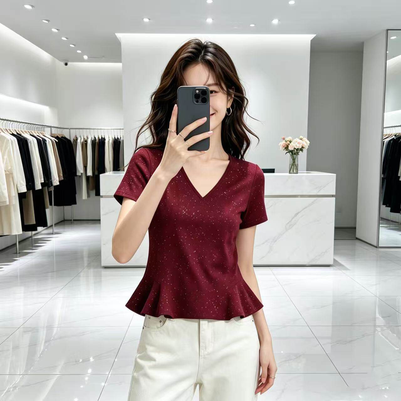 2026夏季新款满天星纯欲V领短袖修身显瘦T恤女遮肚子百搭气质打底