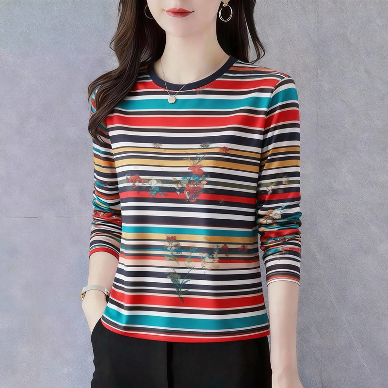清仓捡漏~时髦圆领长袖打底衫女2025春秋新款遮肚子大花T恤上衣