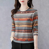 t恤女2025秋季 新款 印花圆领大码 长袖 遮肚打底衫 妈妈宽松显瘦上衣