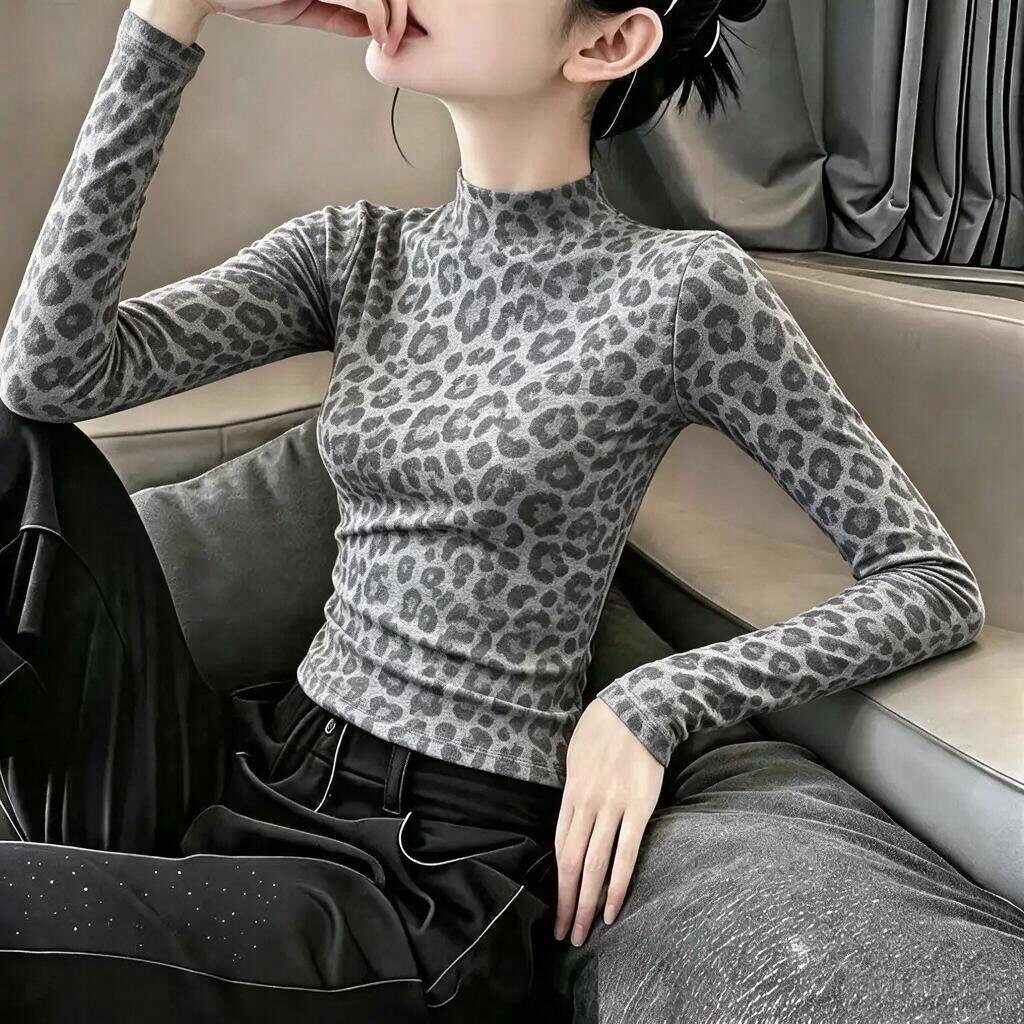 豹纹印花长袖t恤女秋冬季新款印花修身显瘦打底衫半高领上衣ins