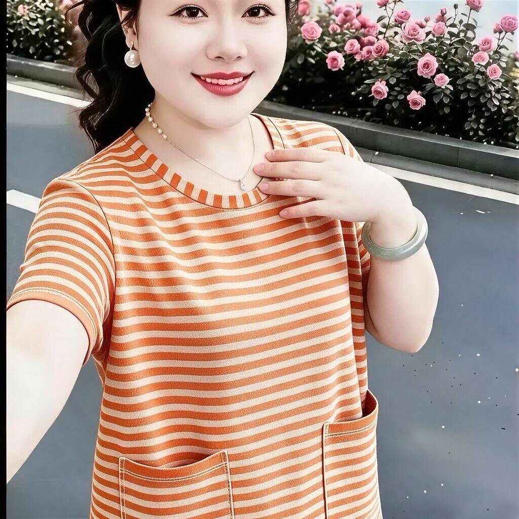 夏季新品短袖双口袋气质百搭休闲宽松高级感条纹棉T恤妈妈上衣女
