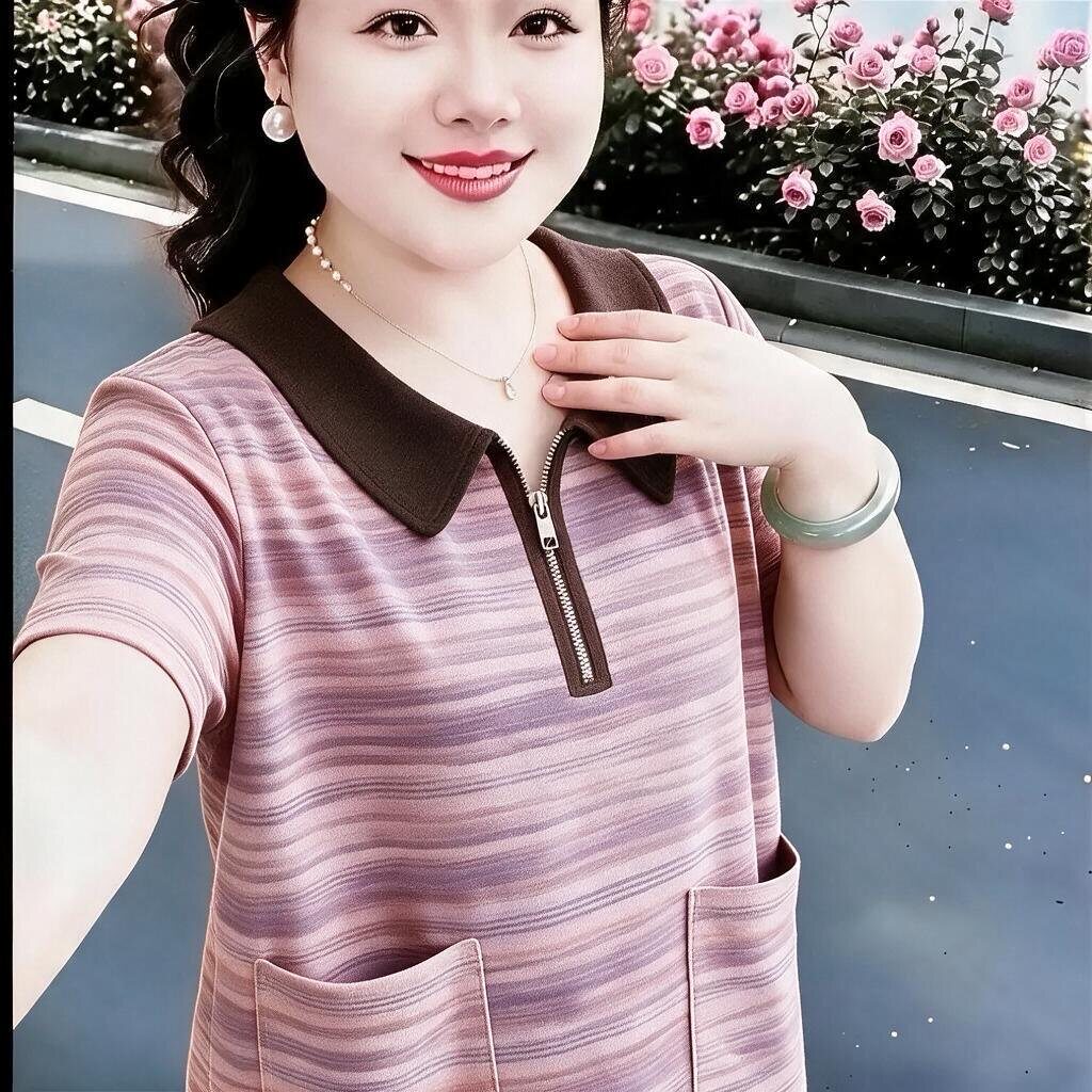 夏季新品短袖双口袋气质百搭休闲宽松高级感翻领条纹T恤妈妈上衣