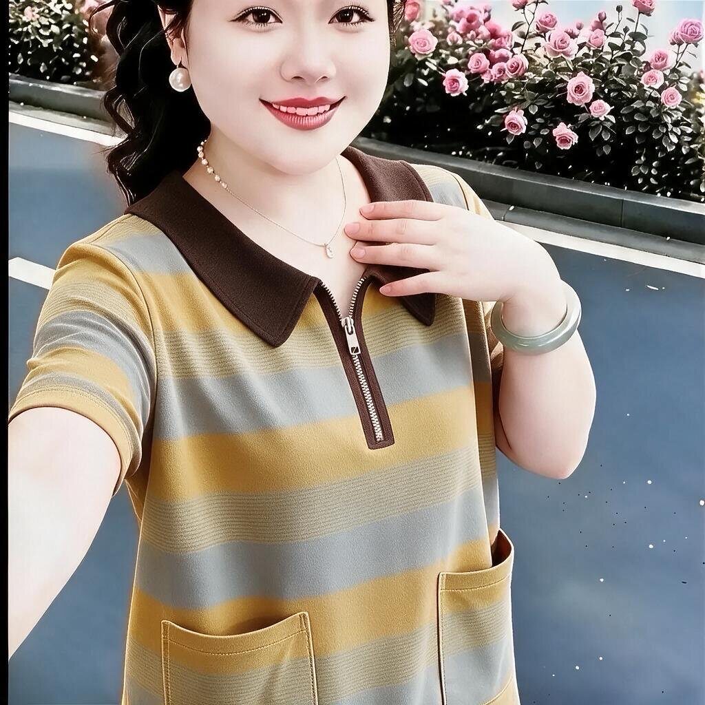 夏季新品短袖双口袋气质百搭休闲宽松高级感翻领条纹T恤妈妈上衣