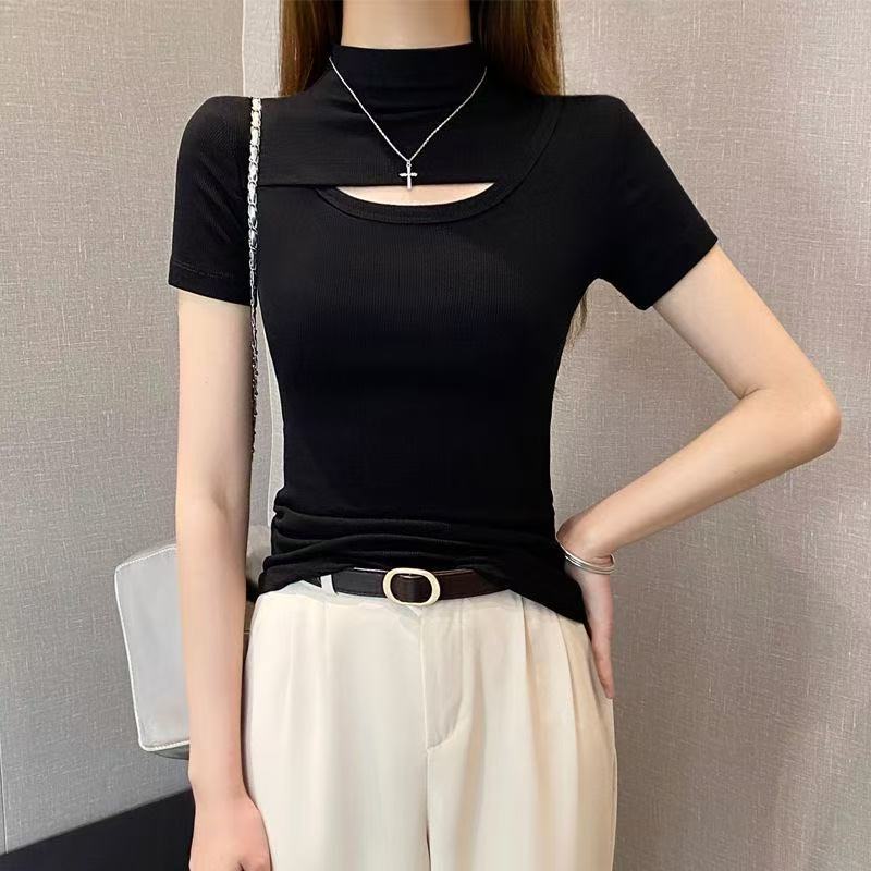 螺纹半高领镂空短袖t恤女2026年春夏女士打底衫百搭中领正肩上衣