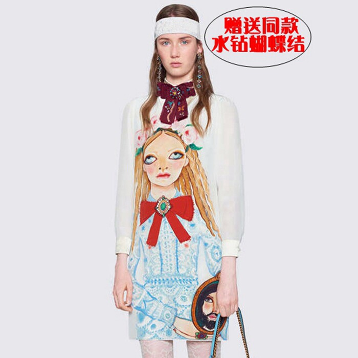 清仓！24早秋 G家倪妮同款限量卡通女孩少女印花水钻蝴蝶结连衣裙