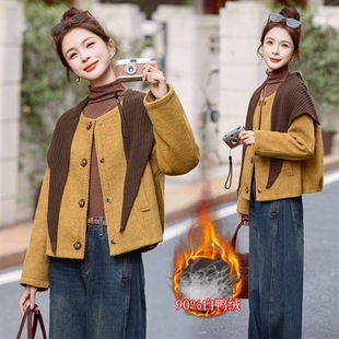 毛呢含羊毛90%白鸭绒外套配披肩 冬装 韩版 呢子羽绒服2025新款