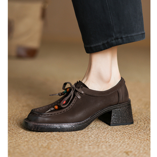 Kmeizu软底5.5cm粗跟单鞋 女潮系带小皮鞋 串珠袋鼠真皮中跟德比鞋