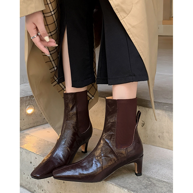 Kmeizu用心做好鞋~羊皮短靴女冬小方头细跟高跟瘦瘦靴真皮及踝靴,女鞋,时装靴,淘宝优惠券,粉丝福利购,淘宝优惠卷