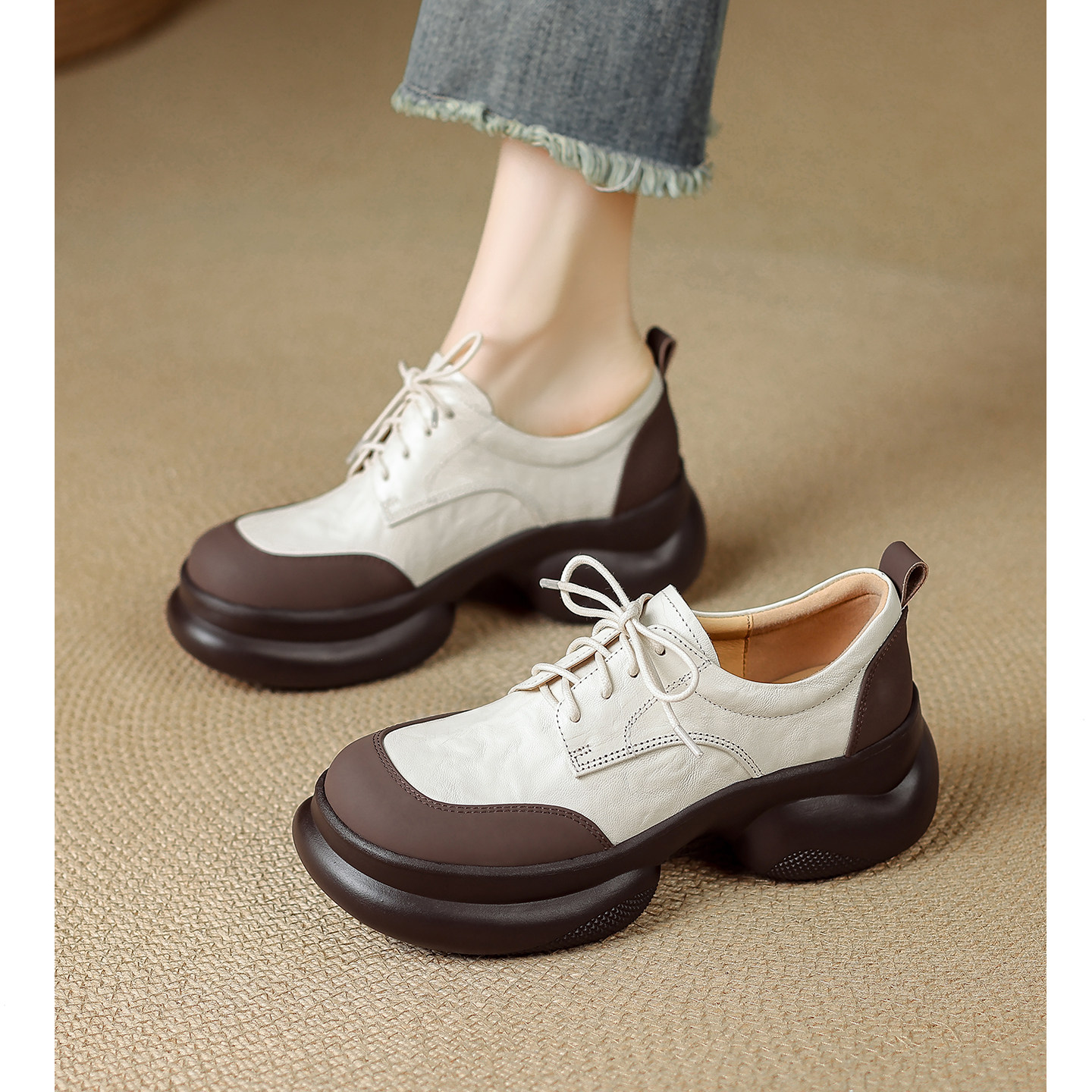 厚底拼色乐福鞋系带小皮鞋百搭