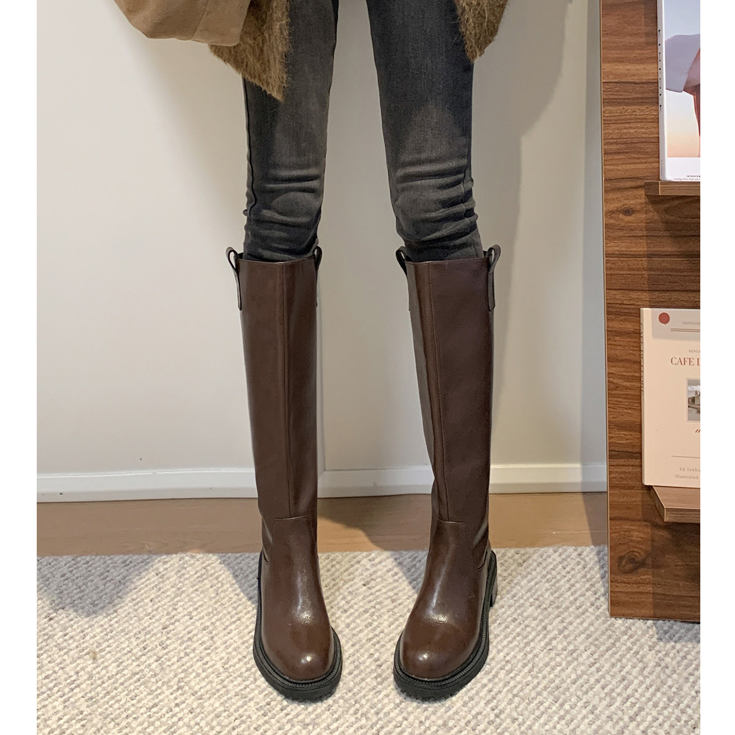 Kmeizu显腿直~4.5cm粗跟高筒靴女秋冬宽松直筒骑士靴简约干练长靴,女鞋,骑士靴,淘宝优惠券,粉丝福利购,淘宝优惠卷