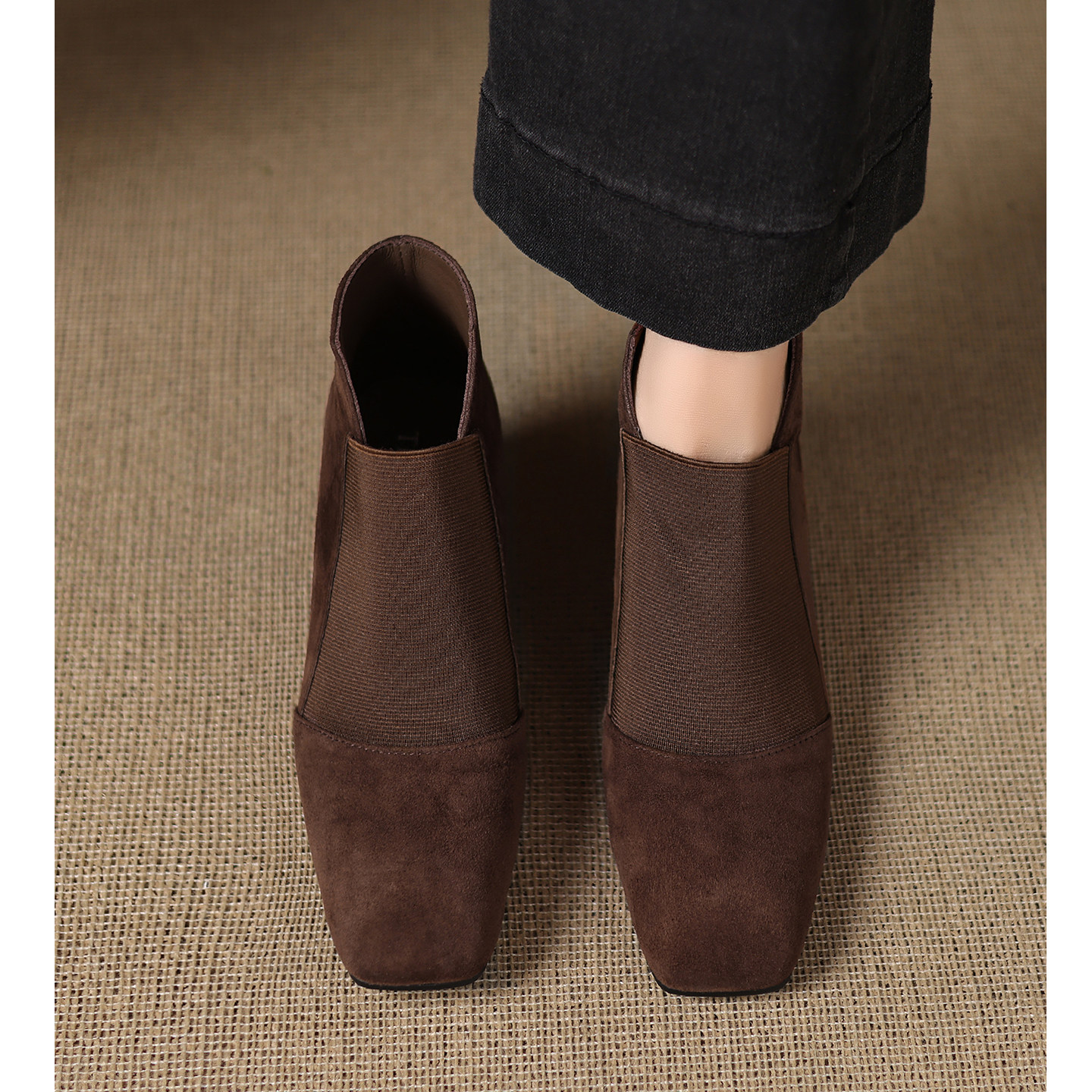 Kmeizu显瘦~6cm内增高短靴女新款方头及踝窝窝鞋真皮中跟深口单鞋,女鞋,时装靴,淘宝优惠券,粉丝福利购,淘宝优惠卷