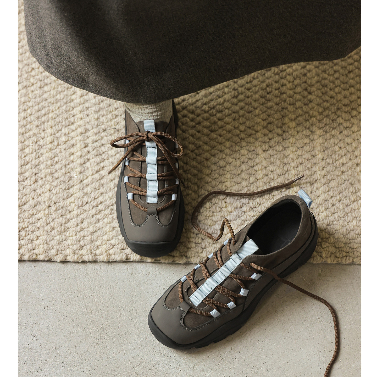 Kmeizu轻软~4.5cm厚底户外休闲鞋女系带德训鞋真皮运动风露营登山