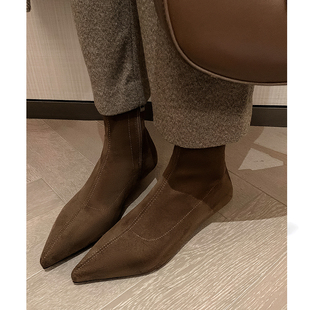 Kmeizu法式3cm小细猫跟短靴女秋冬尖头瘦瘦靴袜靴弹力商务及踝靴
