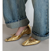 Kmeizu软4cm粗跟单鞋 日常通勤中跟瓢鞋 女新款 褶皱小方头花瓣法式