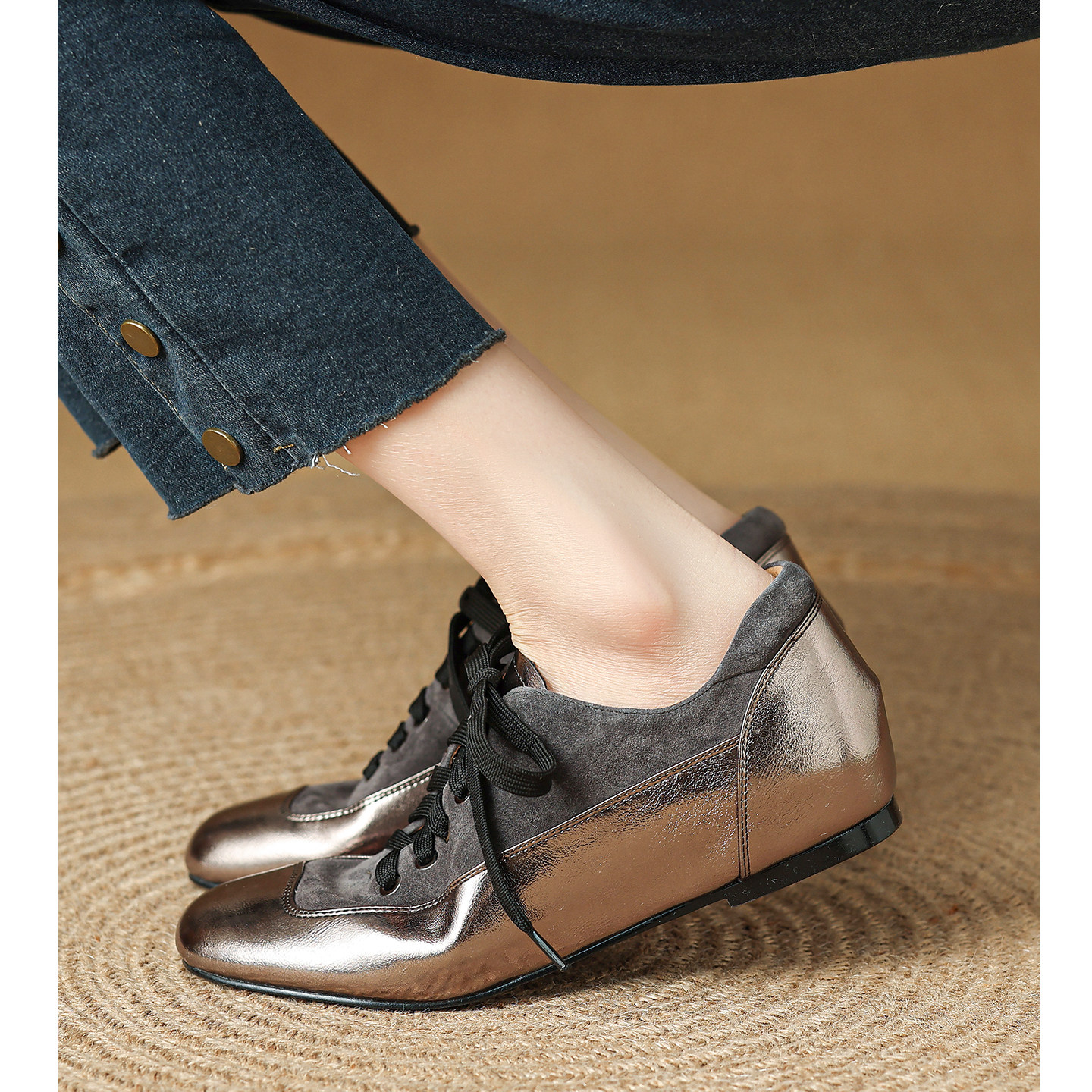 Kmeizu不挑脚~3.5cm内增高单鞋女春新款系带小皮鞋平底休闲德训鞋,女鞋,德训鞋,淘宝优惠券,粉丝福利购,淘宝优惠卷