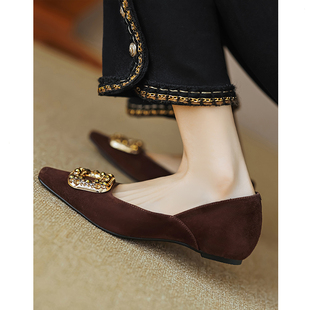 女春季 3cm内增高单鞋 新款 水钻磨砂瓢鞋 Kmeizu法式 宴会平底鞋 复古