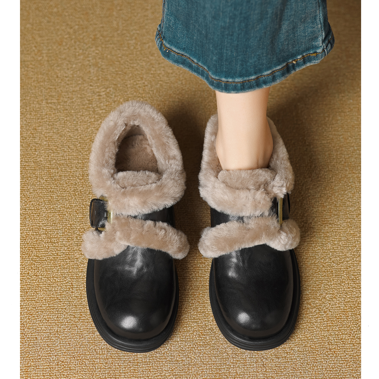 粗跟加绒乐福鞋百搭英伦风小皮鞋