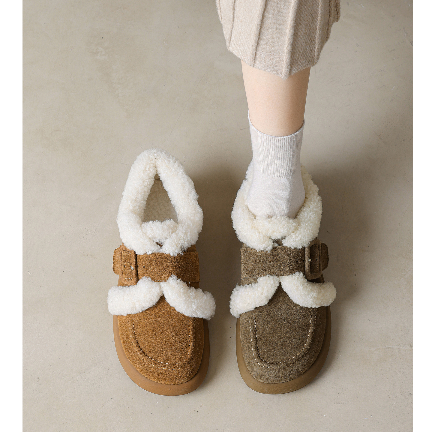 加绒毛毛单鞋小皮鞋平底勃肯鞋