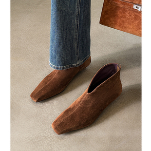 Kmeizu显瘦3cm坡跟短靴女秋冬单靴方头V口简约磨砂商务方头及踝靴