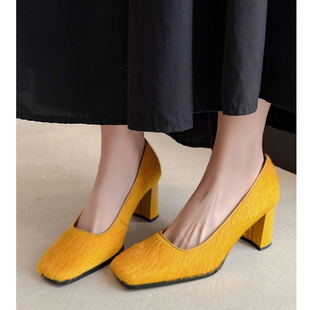 方头真皮宴会不累脚单鞋 女新款 牛毛7cm粗跟高跟鞋 Kmeizu富家千金