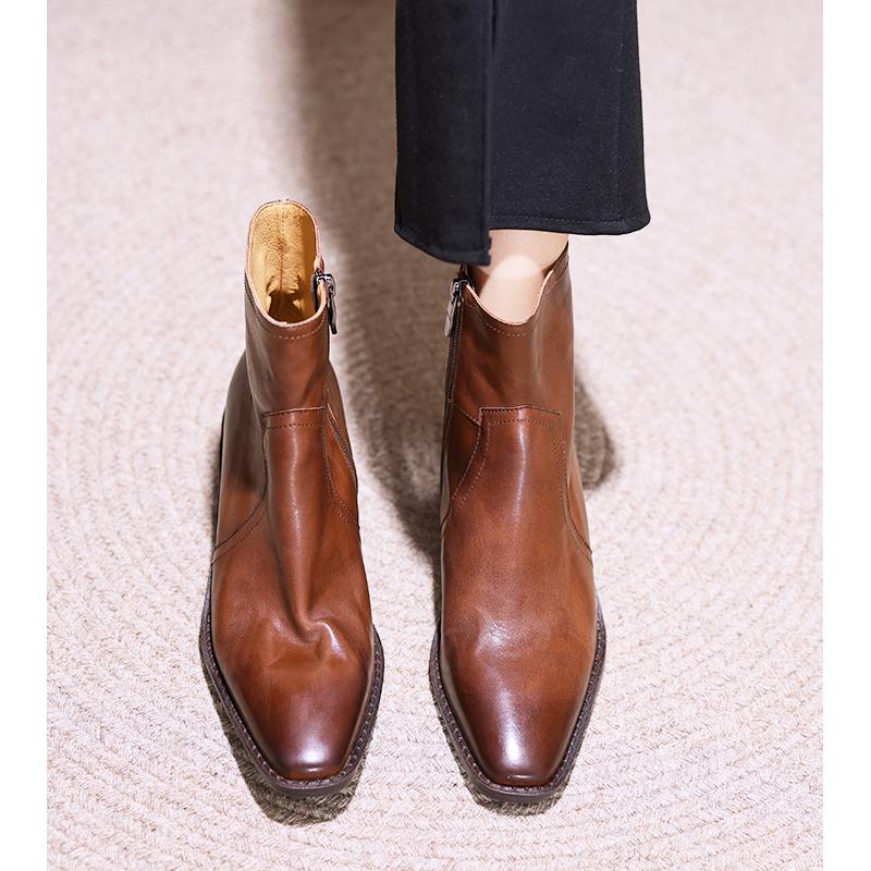 5.5cm粗跟小方头短靴头层牛皮