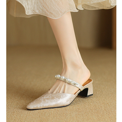 Kmeizu优雅范~珍珠拖鞋女夏国风新中式尖头6.5cm粗跟半拖穆勒凉拖