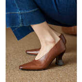 Kmeizu用心做软鞋 单鞋 7cm粗跟高跟鞋 女水洗牛皮方头牛皮简约法式